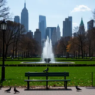 A city park with a park bench and pigeons in the foreground,