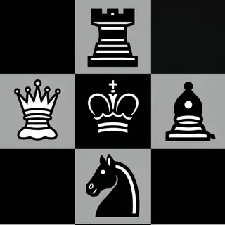 Five chess pieces on a board: a king in the center, a queen 