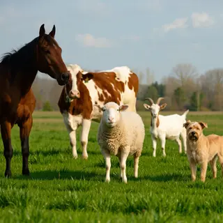 Five animals in a field: a horse on the far left, a cow to t