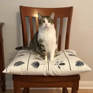 A cat sitting on a pillow, the pillow placed on a wooden cha