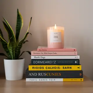 A candle on top of a stack of books, the books next to a pot