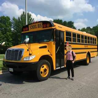A person standing next to a yellow school bus, showing reali