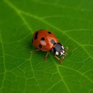 A ladybug sitting on a large green leaf, shown at realistic 