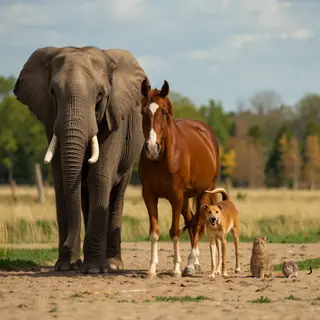A group photo of an elephant, a horse, a dog, a cat, and a m
