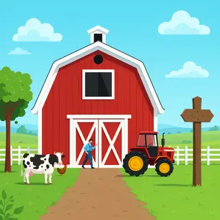 A farm scene with a barn, tractor, farmer, cow, chicken, and