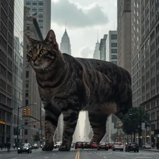 A giant tabby cat walking between city skyscrapers like a ka