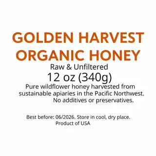A product label for 'GOLDEN HARVEST ORGANIC HONEY' with subt
