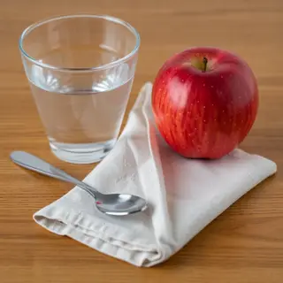 A still life on a wooden table featuring a clear glass of wa