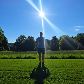 A person standing outdoors at midday with a short shadow dir