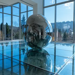 A chrome sculpture in a room with a glass floor and large wi