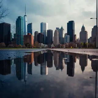 A city skyline reflected in a rain puddle on a street, with 