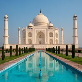 The Taj Mahal in Agra seen from the reflecting pool, with ac