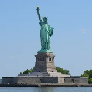 The Statue of Liberty on her island pedestal, with correct t