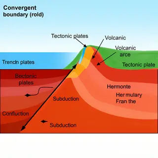 A cross-section showing tectonic plates at a convergent boun