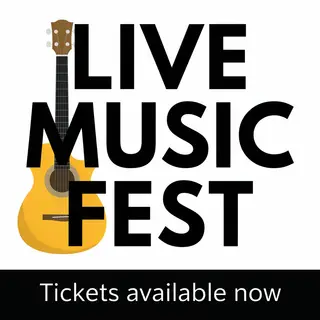 An event poster featuring a guitar illustration, the headlin