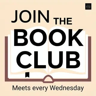 A book club poster with an open book illustration, the title