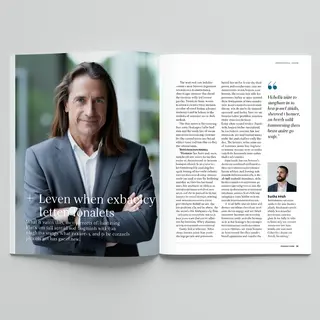 A magazine double-page spread with a left page containing a 