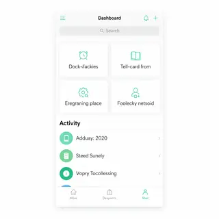 A mobile app UI mockup showing a dashboard with a top naviga