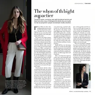 A fashion magazine spread with a full-bleed left-page photo,