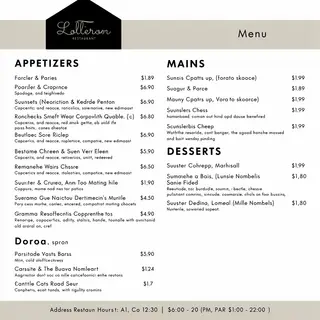 A restaurant menu layout with a logo header, three category 