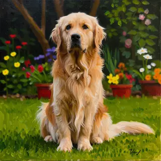 A golden retriever sitting in a garden, painted in the style