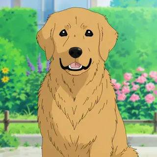A golden retriever sitting in a garden, rendered in Japanese