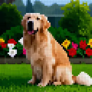 A golden retriever sitting in a garden, rendered in pixel ar