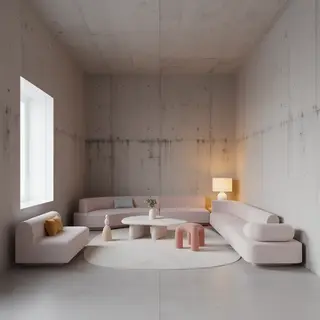 An interior scene rendered in soft brutalism — raw concrete 