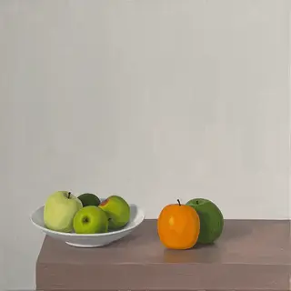 A still life painted in anxious minimalism — sparse composit