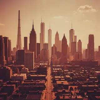 A cityscape rendered in nostalgic futurism — retro-futuristi