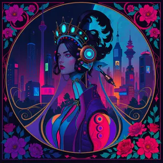 A woman in a futuristic city rendered in cyberpunk Art Nouve