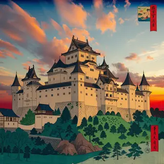 A medieval castle depicted in Japanese ukiyo-e woodblock pri