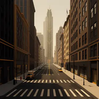 A city street scene in the style of Art Deco — geometric sha