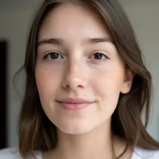 A close-up portrait of a young woman with a warm natural smi