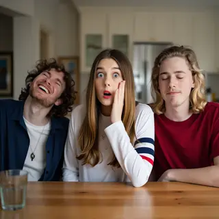A group of three friends at a table: one laughing with head 