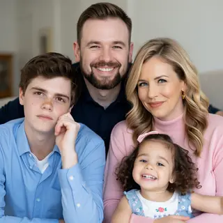 A family photo with four people: a father beaming with pride