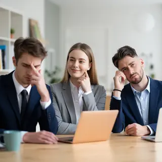 Three coworkers in a meeting: one looking frustrated with fu