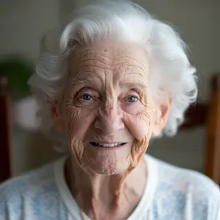 An elderly woman in her 80s with deep wrinkles and white hai