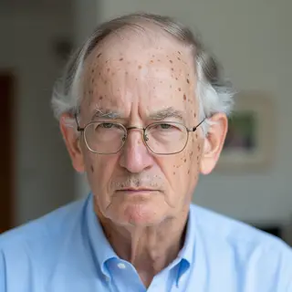 An elderly man in his 70s with age spots and thinning gray h
