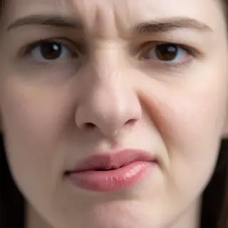 A close-up of a person's face showing clear disgust, nose wr