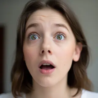 A portrait capturing genuine surprise — raised eyebrows, wid