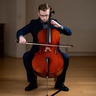 A cellist seated with correct posture, legs around the instr