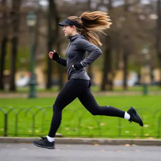 A woman mid-stride running through a park, hair and clothes 