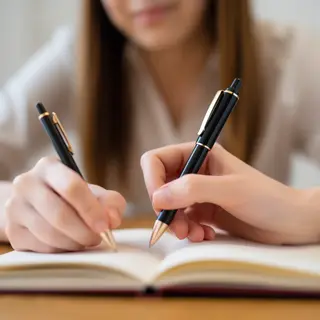 A woman writing in a notebook with a pen gripped correctly i