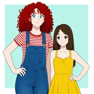 Two friends posing: one tall with curly red hair in denim ov