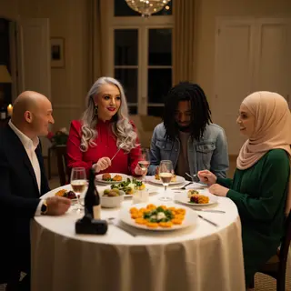 Four people at a dinner table: a bald man in a suit, a woman