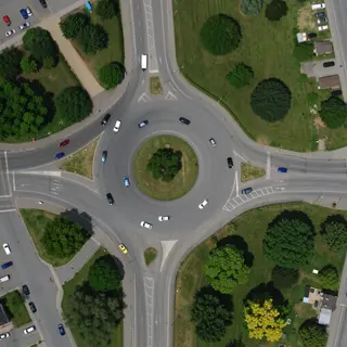 An aerial bird's-eye view looking straight down at a traffic