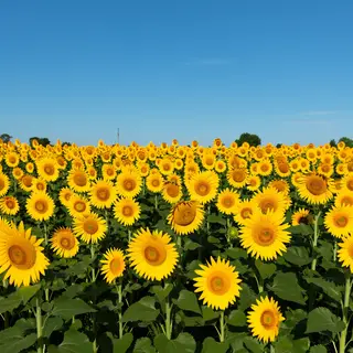 A field of pure sunflower yellow flowers under a clear blue 