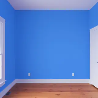 A room with walls in #4A90D9 (medium blue) with warm wooden 