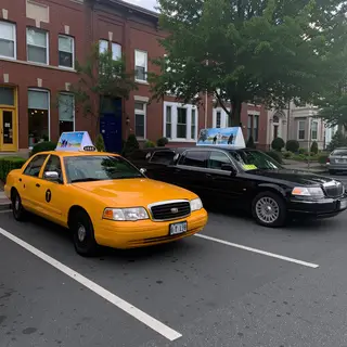 A yellow taxi and a black limousine parked next to each othe
